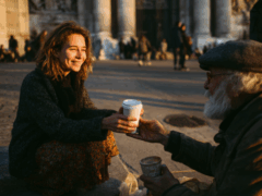 Une personne bénévole tend un café à une personne assise dans la rue, dans un geste de solidarité et d’entraide.