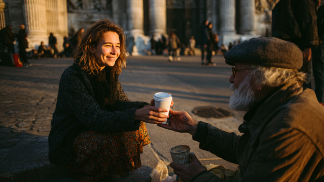 Une personne bénévole tend un café à une personne assise dans la rue, dans un geste de solidarité et d’entraide.